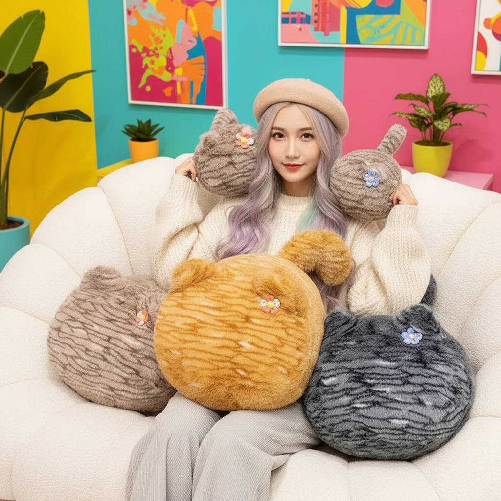 Woman sitting on a couch with four plush animal cushions in a colorful room.