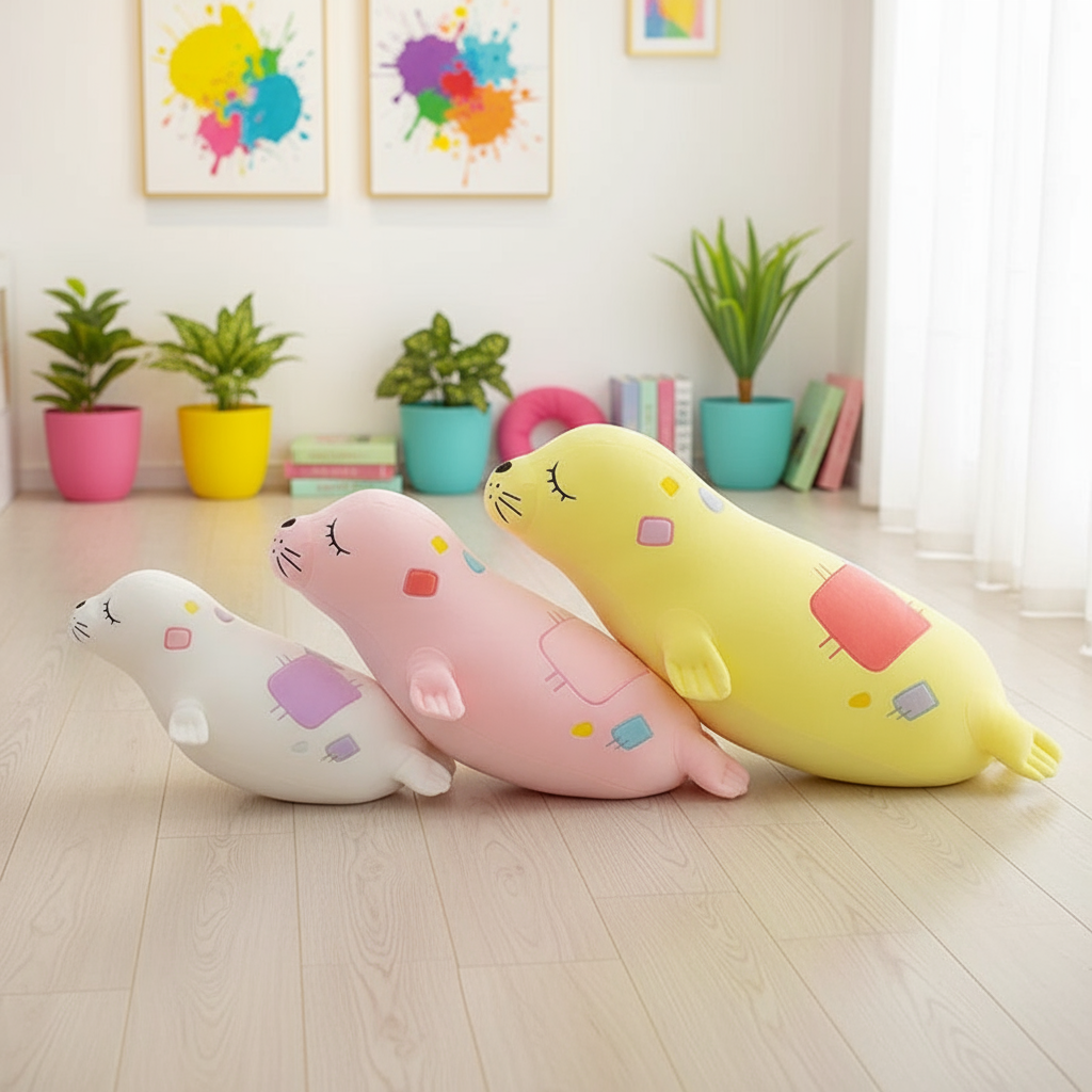 Three colorful plush toys shaped like seals on a wooden floor with plants and books in the background.