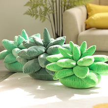 Green succulent-shaped plushie pillow cushions on a light surface with a blurred indoor background