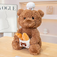 Brown Bear Plushie Wearing Bakers Hat Holding Bread