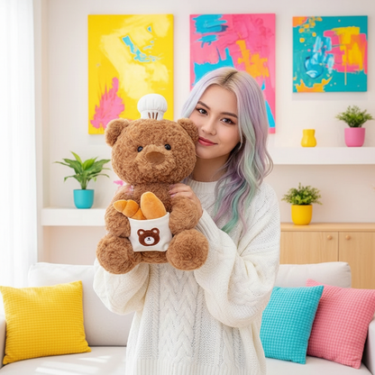 Woman holding a teddy bear in a room with colorful decor