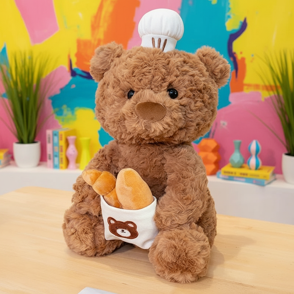 Plush teddy bear with a chef's hat on its head and a small bag with a bear emblem, set against a colorful abstract background.