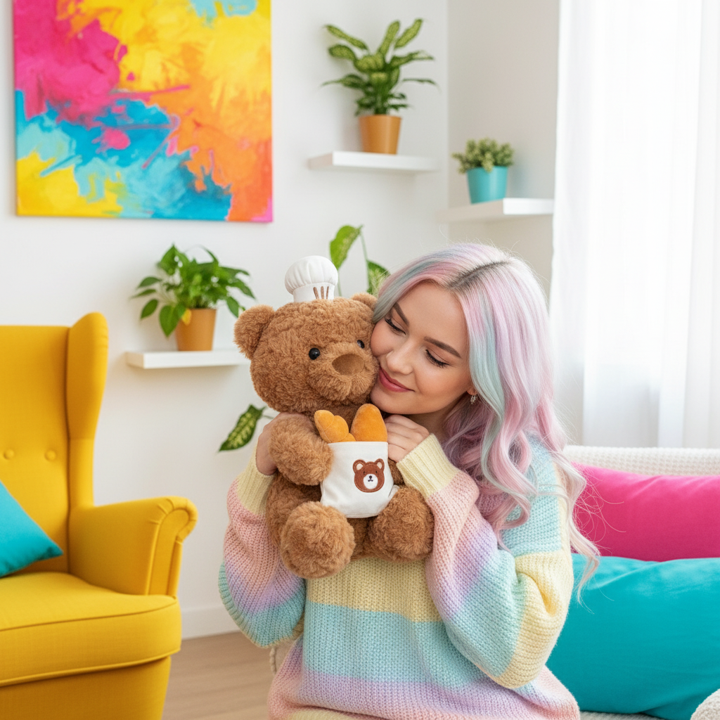 Woman holding a teddy bear with a colorful painting and yellow chair in the background