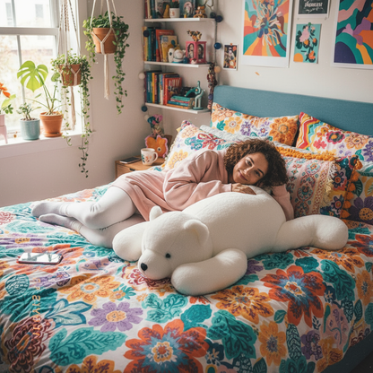 Woman lying on a colorful bed with a large white plush polar bear, surrounded by decorative elements.