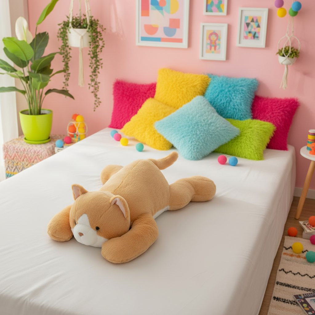 Children's room with colorful pillows and a cat plushie on a bed.