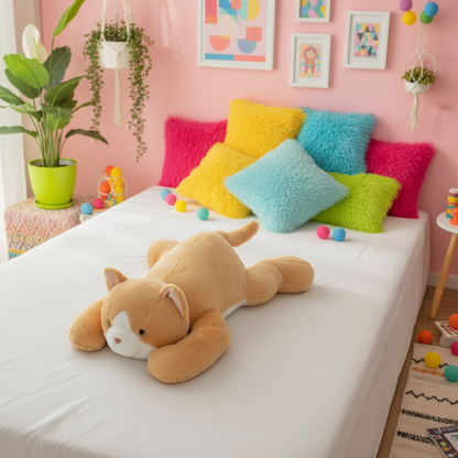 Children's room with colorful pillows and a cat plushie on a bed.