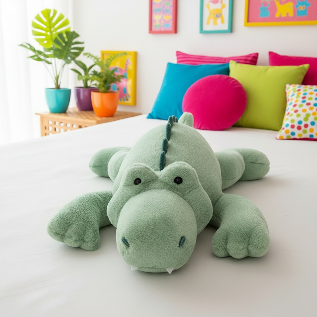 Green plush toy crocodile on a bed with colorful pillows and plants in the background