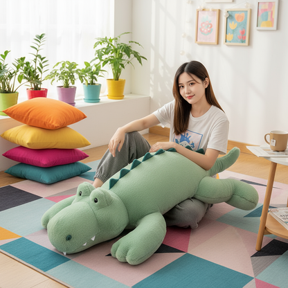 Woman holding a large green plush crocodile in a room with colorful pillows and plants.