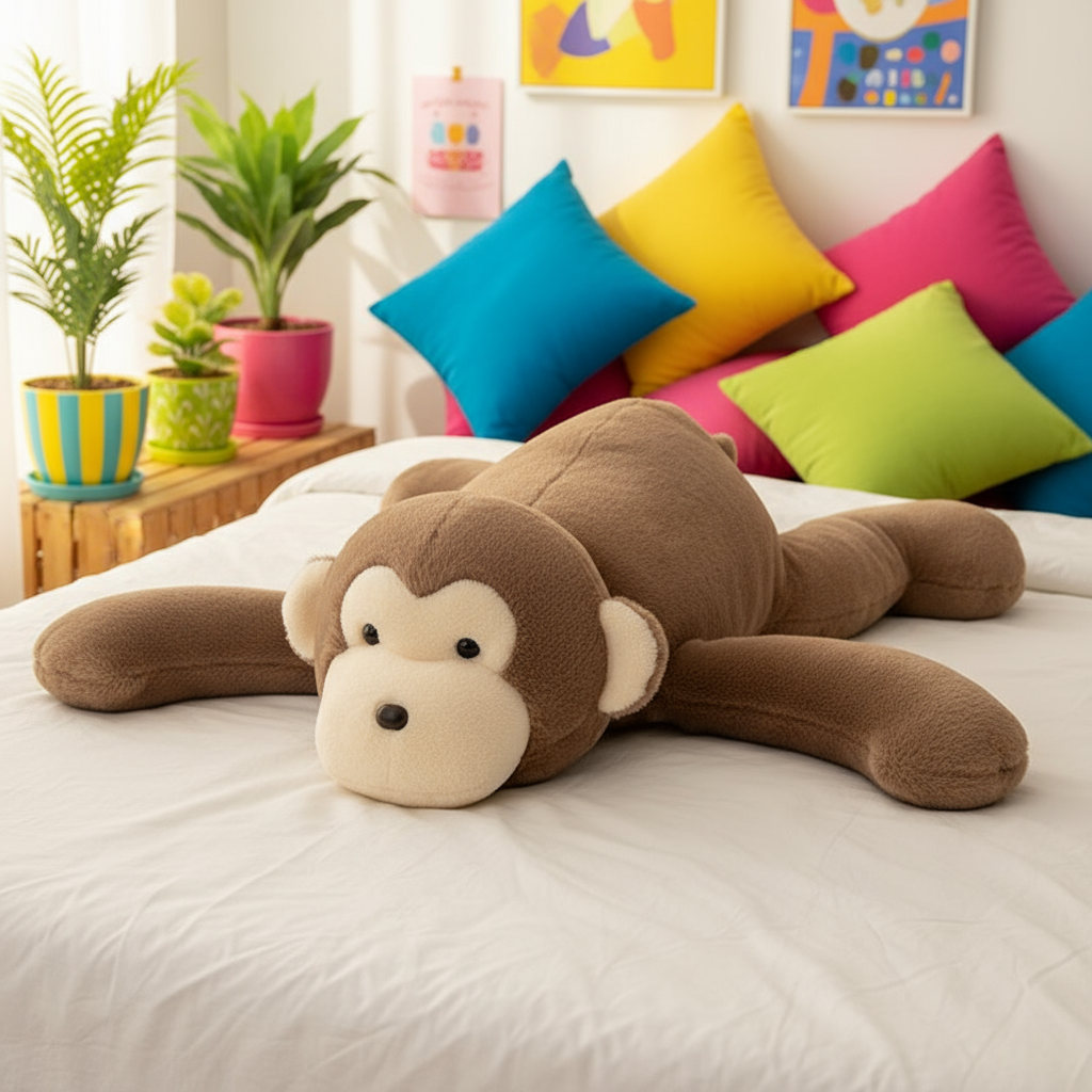 Brown monkey plush toy on a bed with colorful pillows and plants in the background