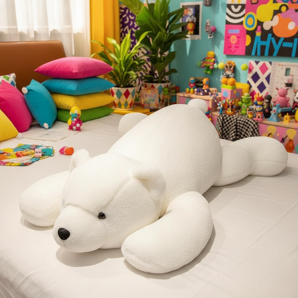 Large white polar bear stuffed animal on a bed in a colorful room with toys and decorations.