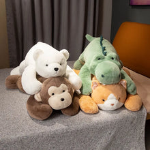 Four plush toys (polar bear, monkey, dragon, and fox) sitting on a surface with a neutral background.