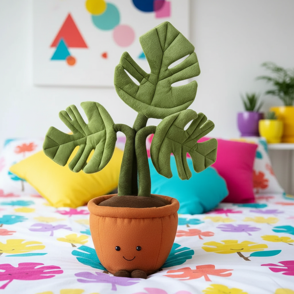 Plush toy plant with a smiling face on a colorful bedspread