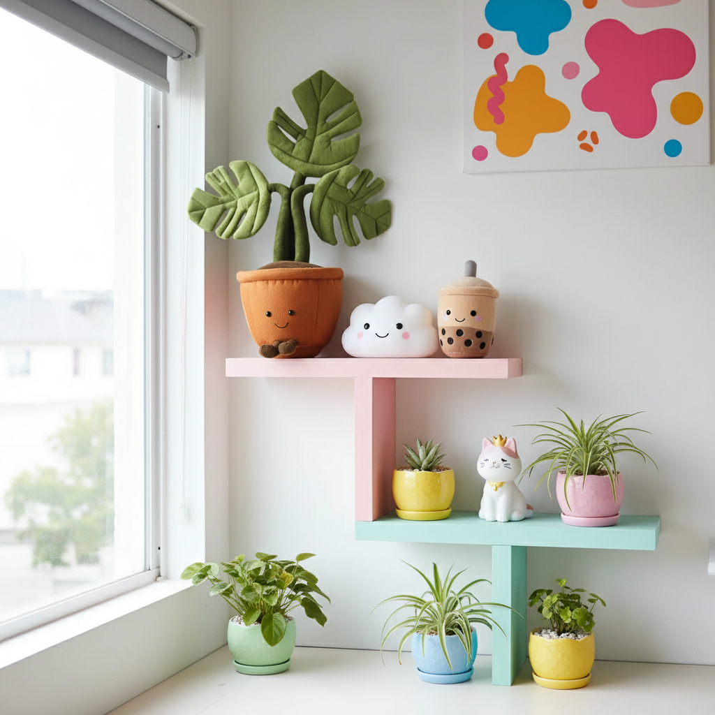 Colorful shelves with decorative items and plush plants near a window