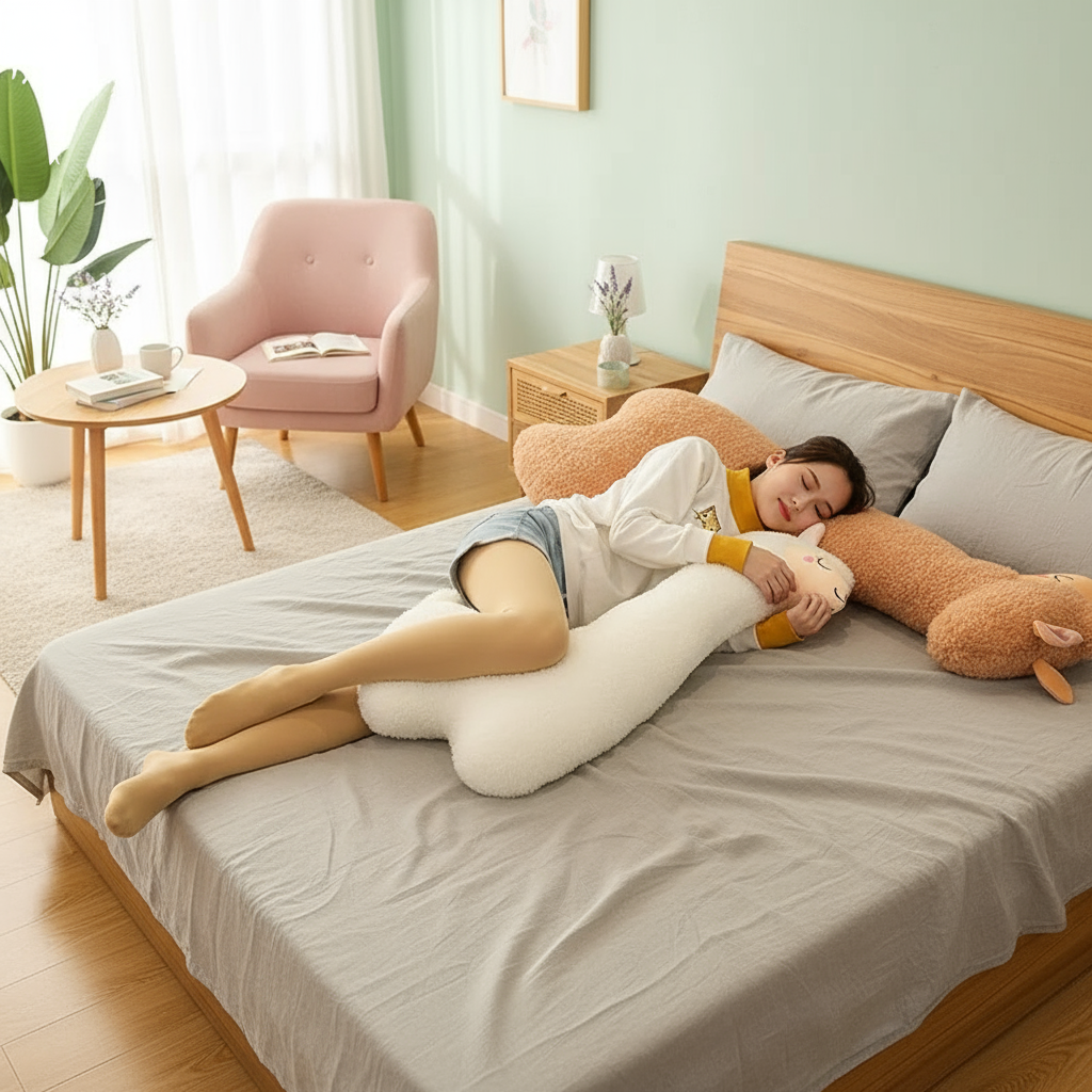 Woman lying on a bed with a large white pillow and plush toy, in a cozy bedroom setting.