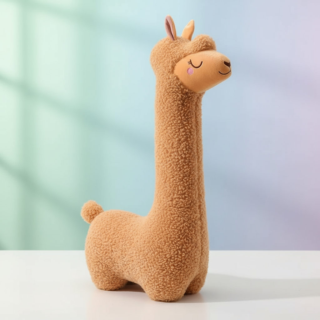 Plush toy alpaca on a white surface with a pastel gradient background