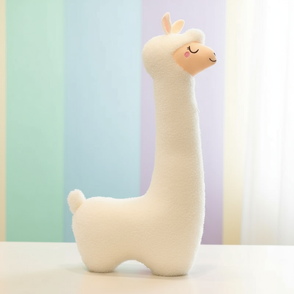 Plush toy alpaca against a pastel-colored curtain background