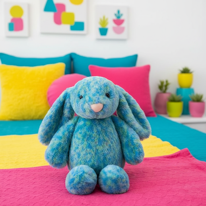 Blue plush bunny toy on a colorful bed with pillows and plants in the background