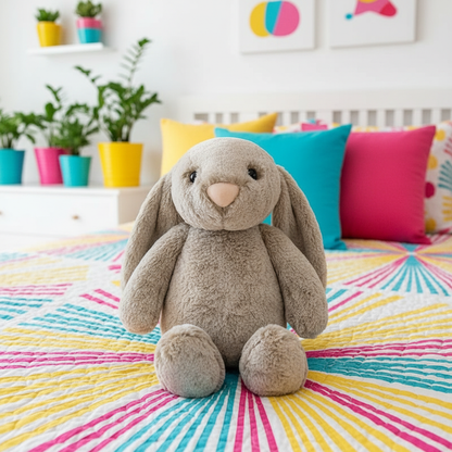 Gray plush bunny toy on a colorful bedspread with a room in the background