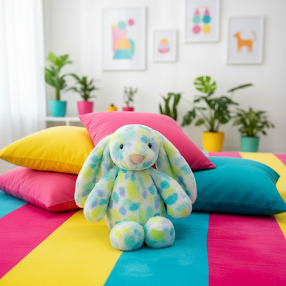 Colorful polka dot plush bunny toy on a bed with multicolored pillows and plants in the background.