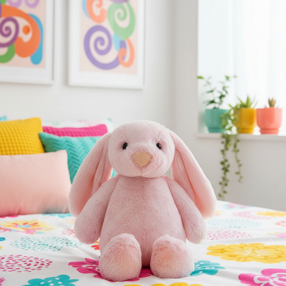 Pink plush bunny toy on a colorful bedspread with decorative pillows and wall art in the background.