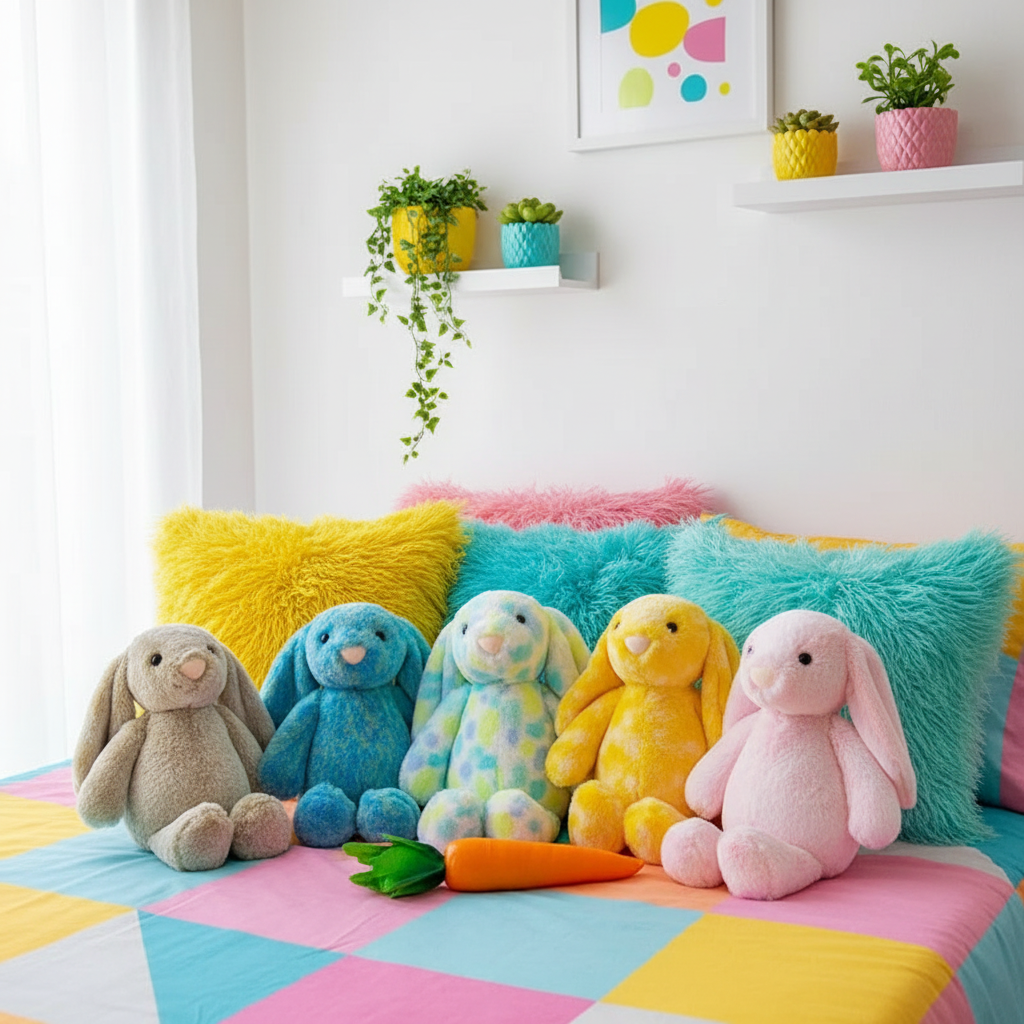 Colorful plush bunnies on a bed with a geometric blanket, surrounded by decorative plants and a colorful abstract painting.
