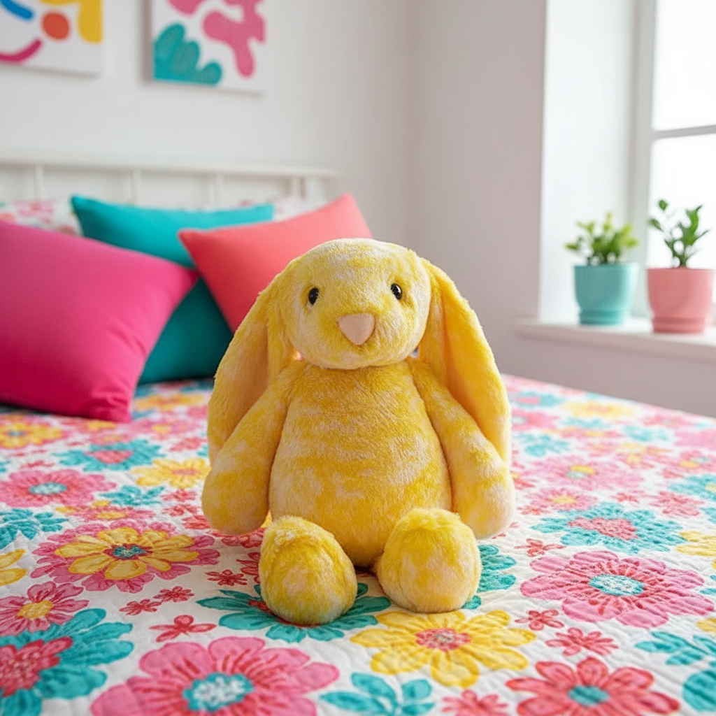 Yellow plush bunny toy on a colorful floral bedspread with pillows and plants in the background.