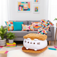 Cat-shaped cookie on a rug in a living room setting