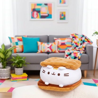 Cat-shaped cookie on a rug in a living room setting