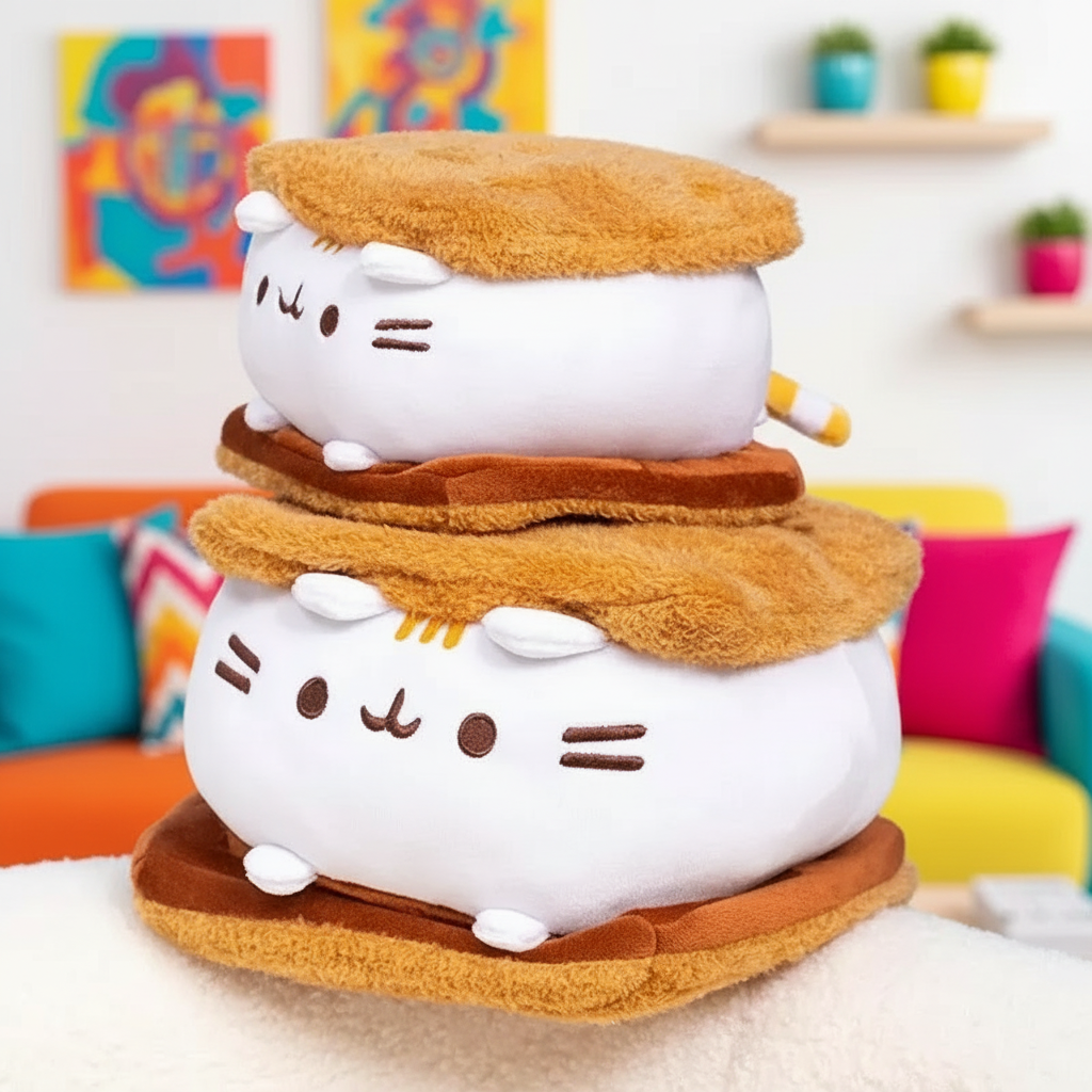 Plush toy resembling a sandwich with cat faces on a colorful background