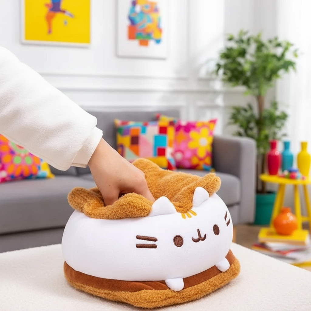 Plush cat-shaped cushion with a hand reaching towards it in a living room setting.