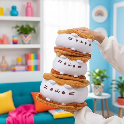 Stack of cat-shaped sandwich plush toys being held in a colorful room.