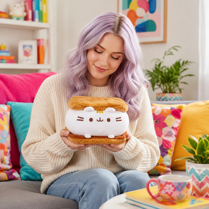 A woman with lavender hair sits on a colorful couch holding a white cat-shaped plush toy sandwiched between two tan bread-like pieces. The room has bright pink, teal, and yellow pillows, books on a shelf, and a floral mug on a table in the foreground.
