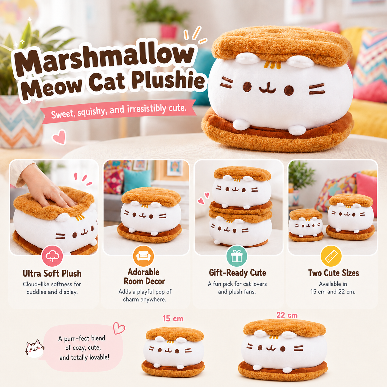 Promotional banner for Marshmallow Meow Cat Plushie which list benefits such as ultra soft plush and gift ready cute.