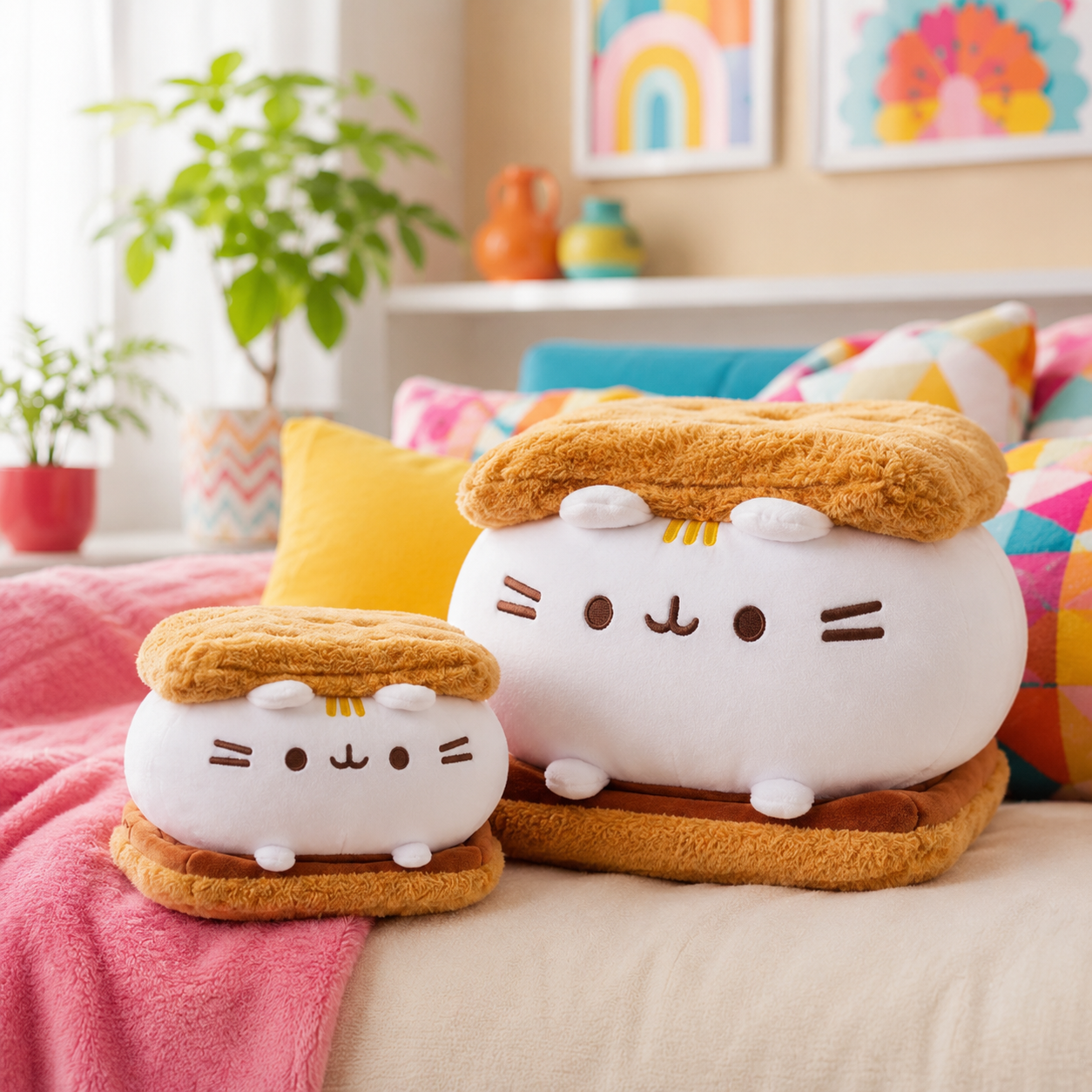 Two cute plush cat s'mores in different sizes, styled on a cozy bed with colorful pillows and plants in the background.