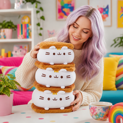 A woman with lavender hair smiles while holding a stack of four white cat-shaped plush pillows with brown cookie-like tops, set on a table in a colorful room.