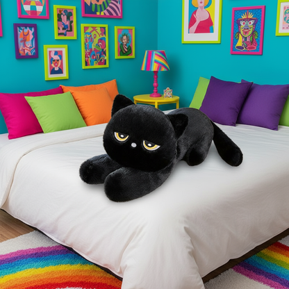 Giant black cat stuffed animal laying on a bed in a colorful bedroom setting