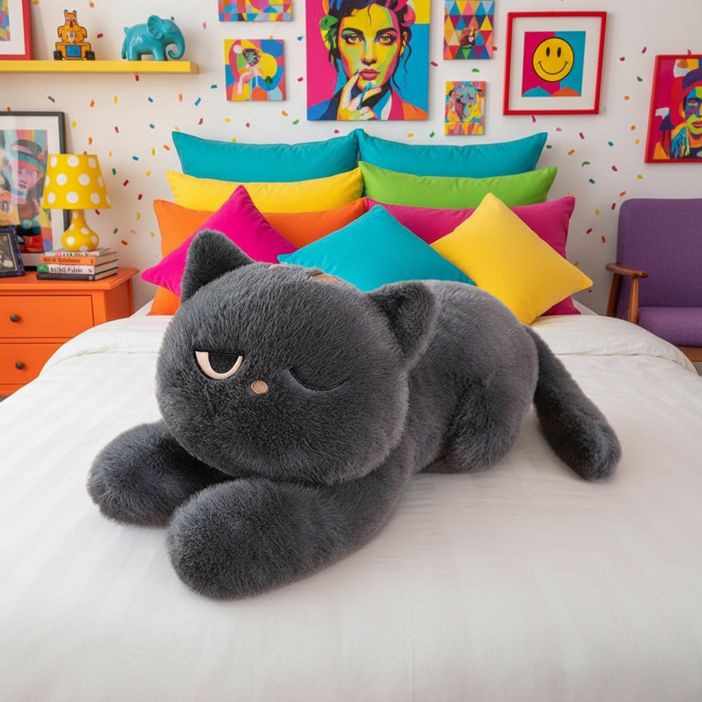 Giant gray cat plushie laying on a bed in a vibrant bedroom setting