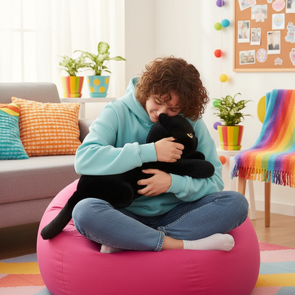 Woman sitting on a bean bag holding a black plush cat in a colorful living room setting