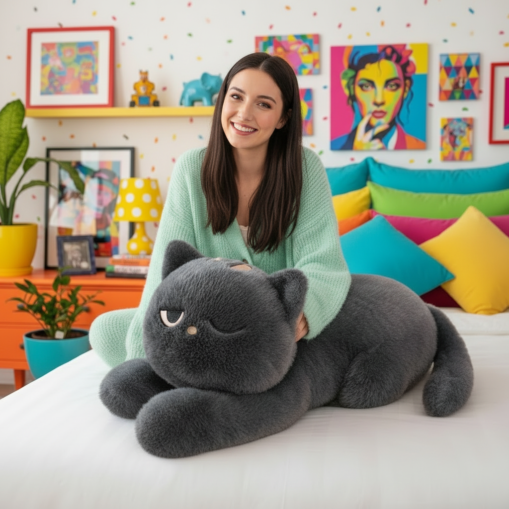 Woman holding a large gray cat plush toy in a colorful living room.