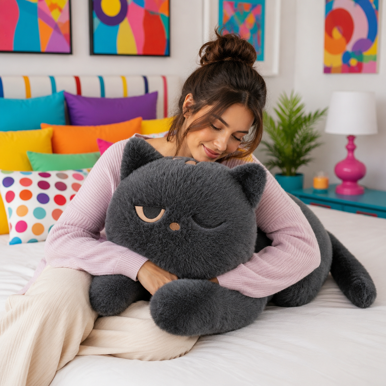 Woman in pink shirt and white pants sitting on a bed in a colorful bedroom with colorful pillows hugging a giant gray cat plushie with one eye closed.