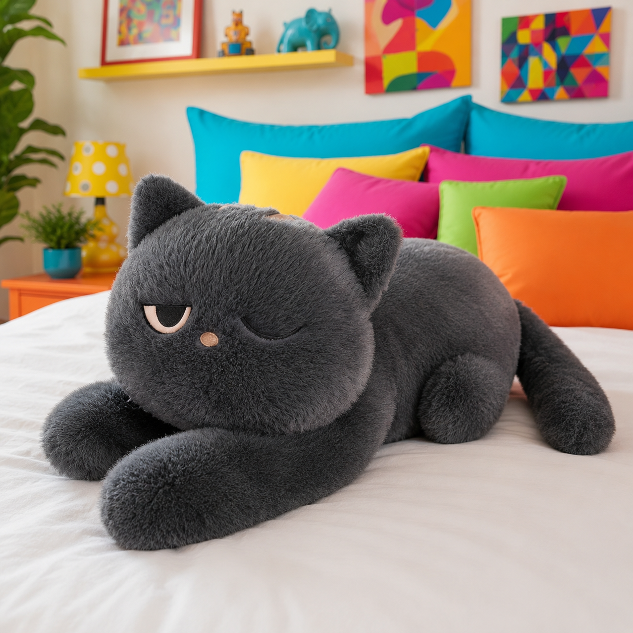 Giant gray cat plushie with one eye closed laying on a white bed in a colorful bedroom with colorful pillows.
