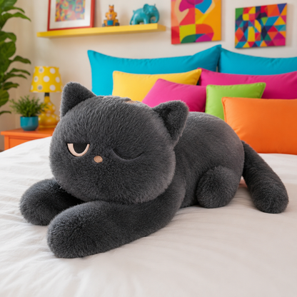 Giant gray cat plushie with one eye closed laying on a white bed in a colorful bedroom with colorful pillows.