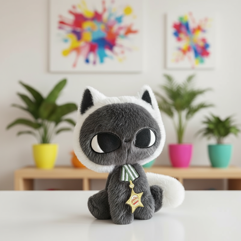 Plush toy resembling a cat with a star badge on a table, colorful abstract art in the background.