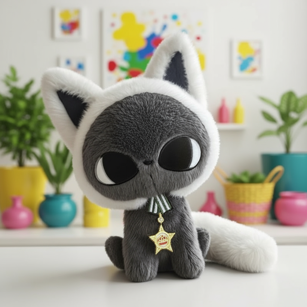 Plush toy cat with a star tag in a colorful room setting