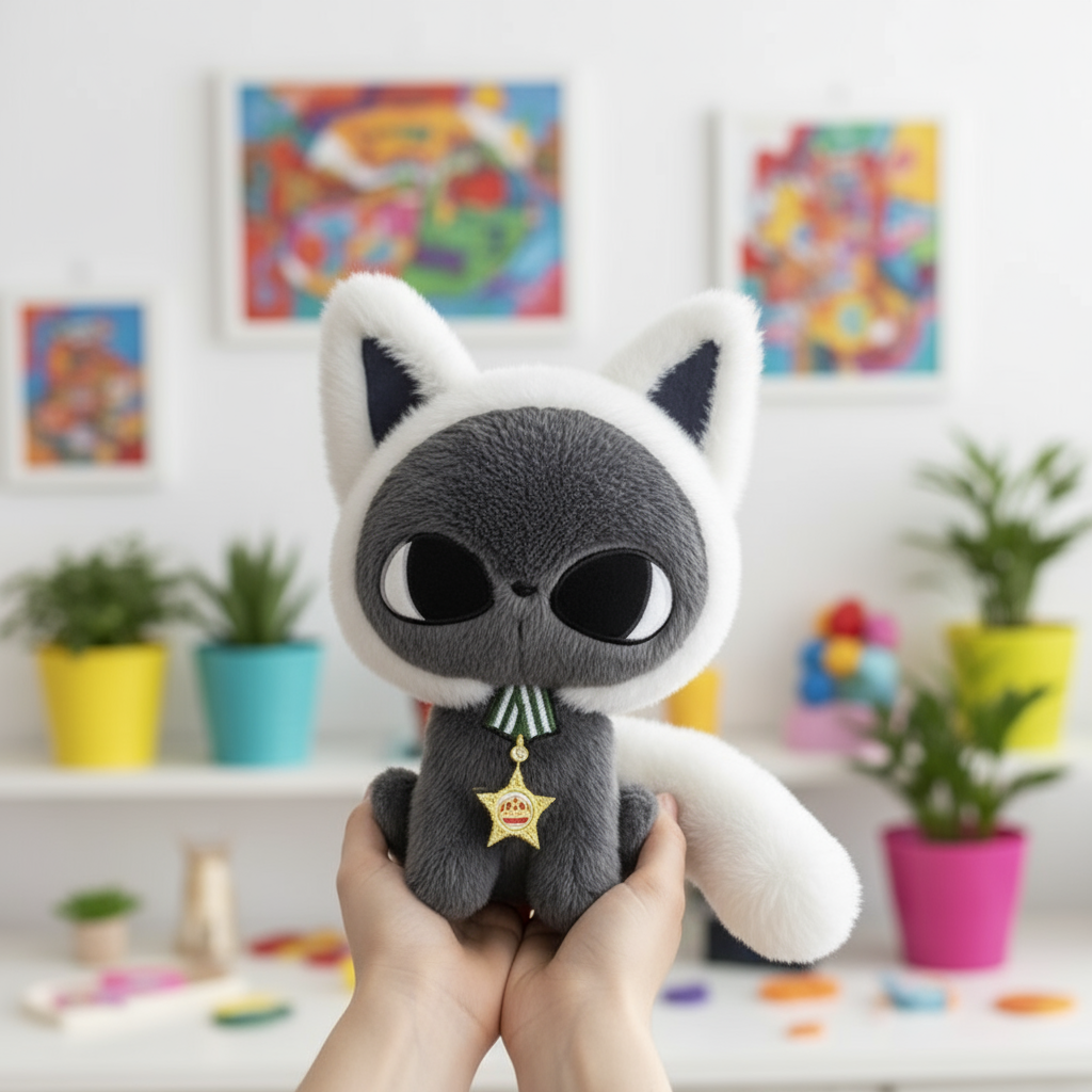 Plush toy cat held by a hand with colorful background