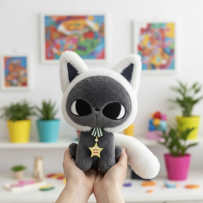 Plush toy cat held by a hand with colorful background