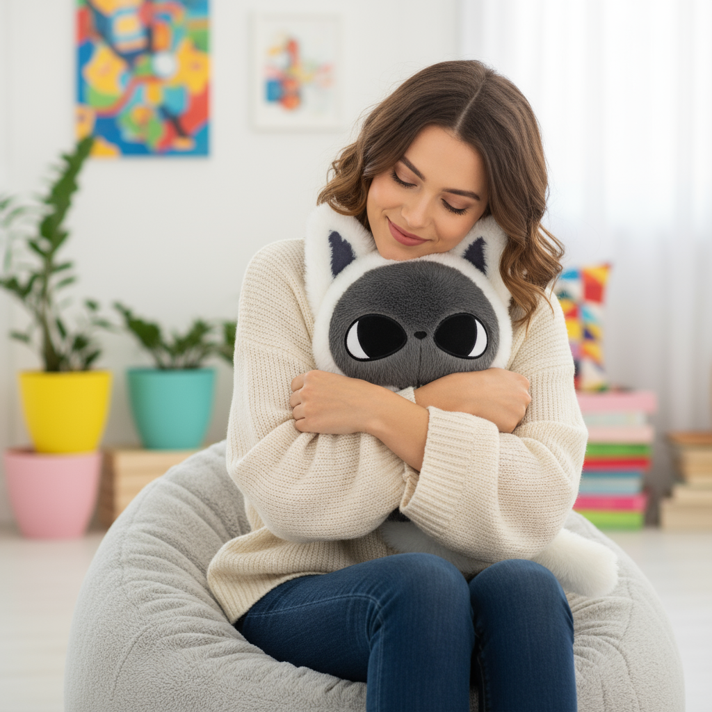 Woman hugging a cat-shaped plushie in a cozy living room.