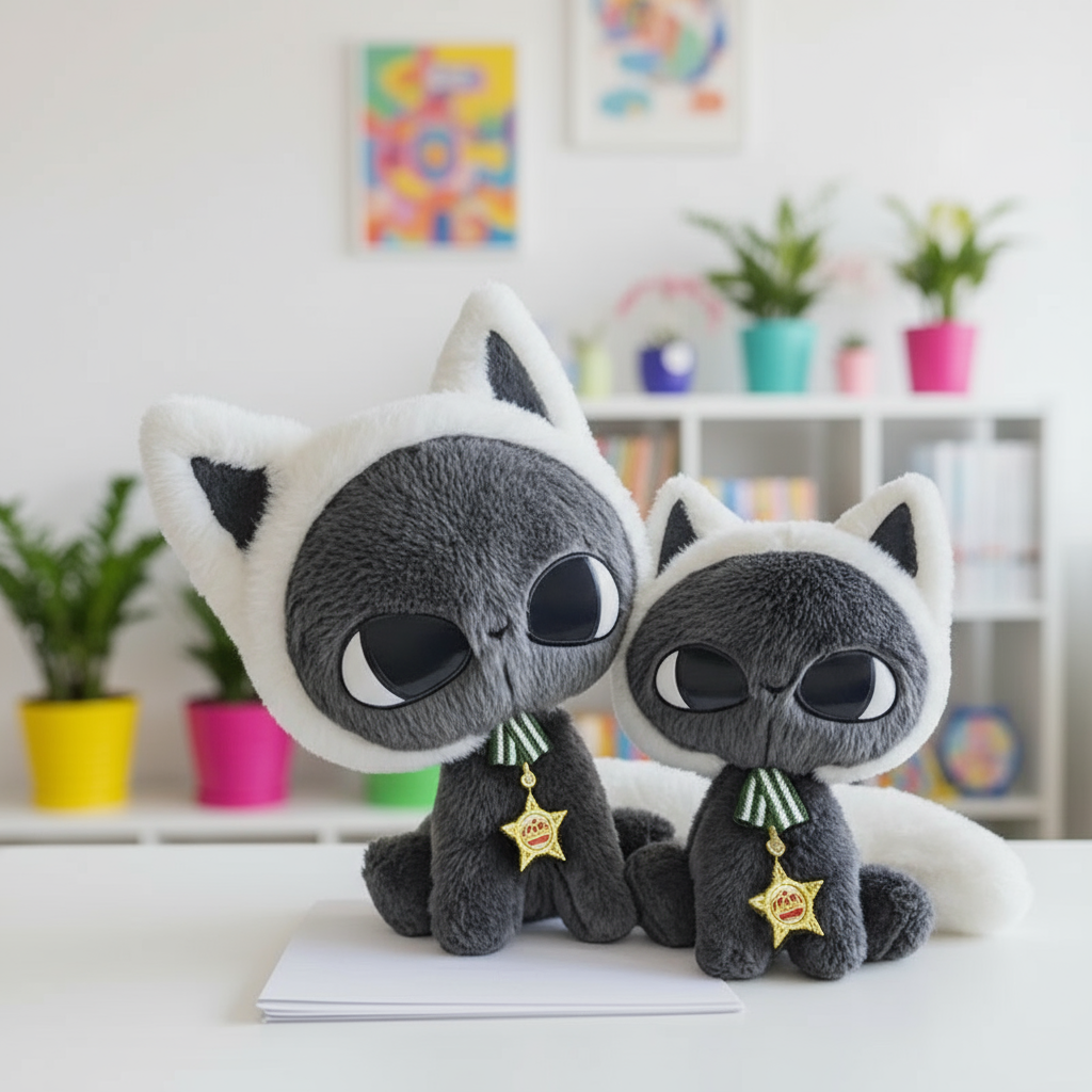 Two gray cat plush toys with cat ears and star medals on a white surface with a colorful background.