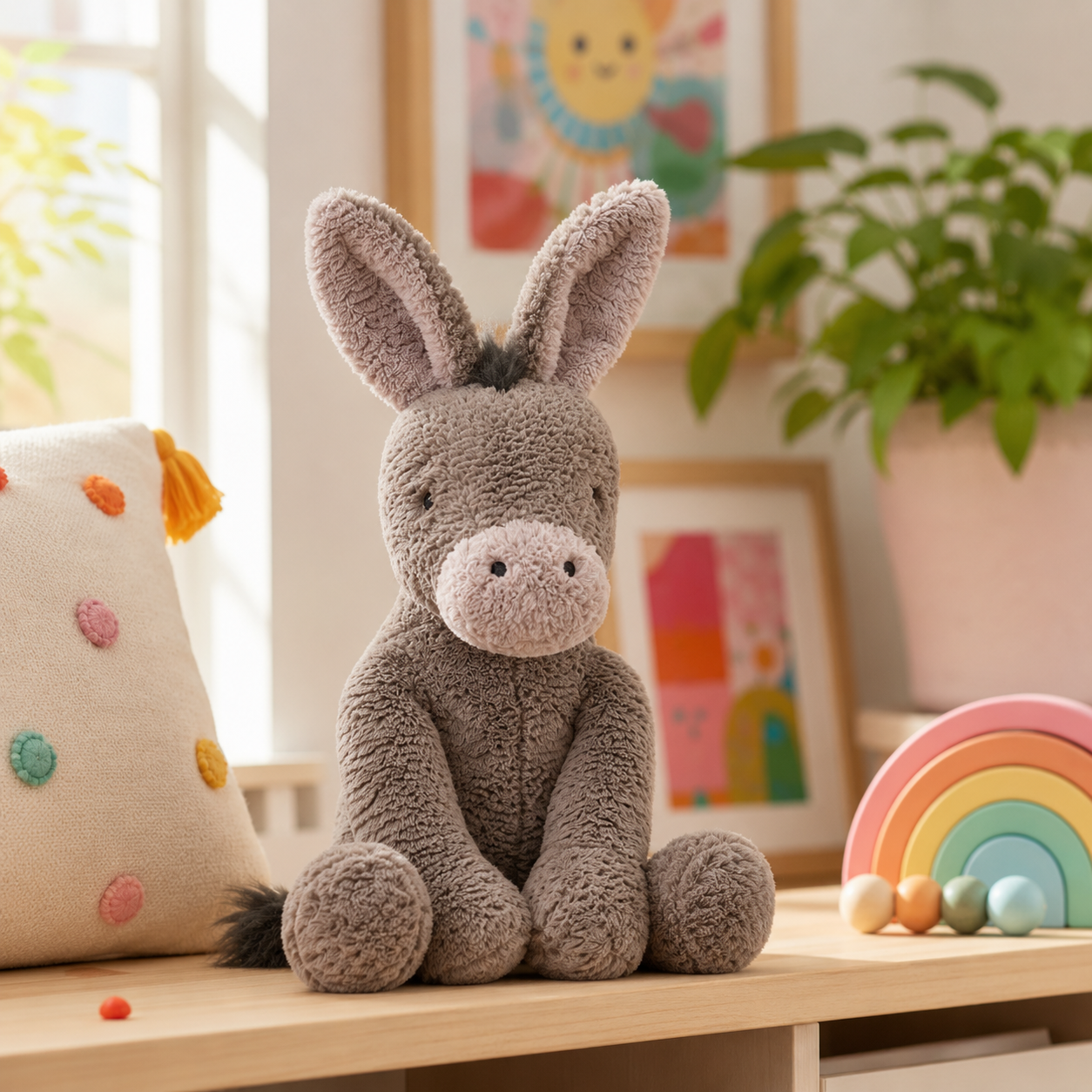 A plush gray donkey stuffed animal sits on a wooden shelf in a bright, softly styled children's room. A colorful pillow, framed artwork, potted plant, and a rainbow toy are visible in the background.