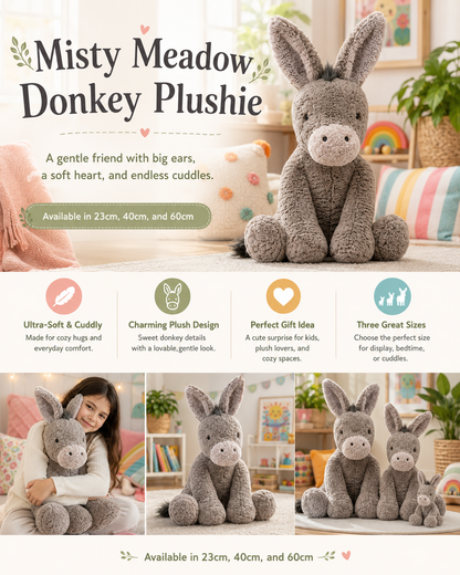Promotional banner showing the Misty Meadow Donkey Plushie with benefit callouts